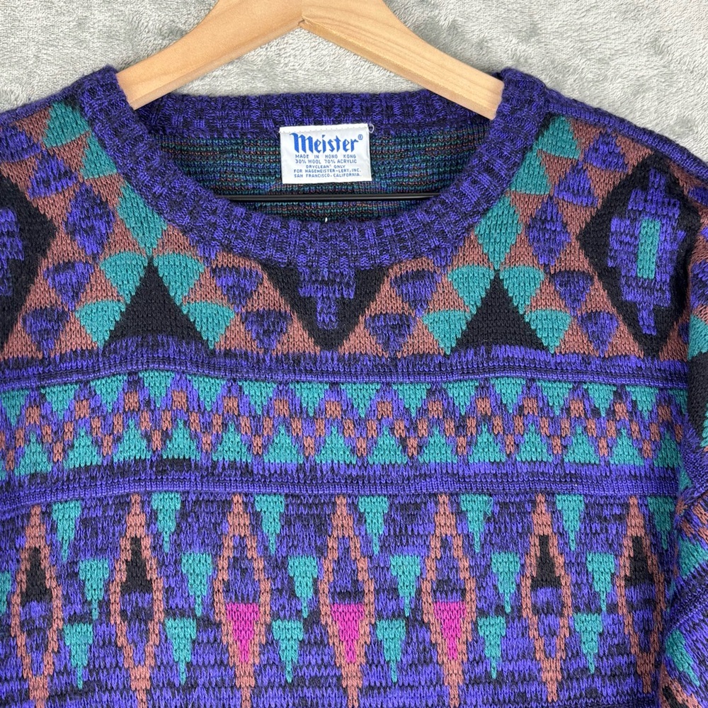 Vintage Meister Ski Sweater XL 80s 90s Geometric Aztec Pullover Wool Blend‎ - Picture 5 of 11